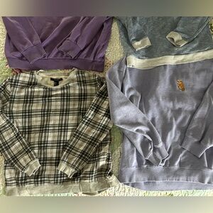 Lot of 4 Sweatshirts Tops Forever 21 Sz M Grey Plaid Purple Cat Blue Heather